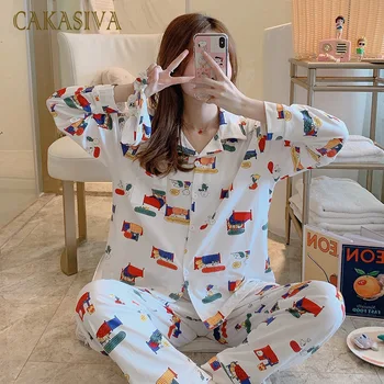 

Cotton Pajamas Plus Size Two Piece Sets Women Homewear Home Clothes Printing Pajamas Sleepware Nightgown Pijama Mujer
