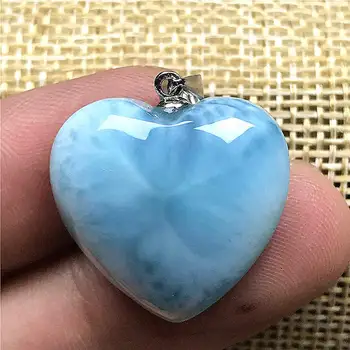 

100% Natural Blue Larimar Heart Pendant For Woman Man Crystal 21x7mm Beads 925 Silver Dominica Water Pattern Stone Jewelry AAAAA
