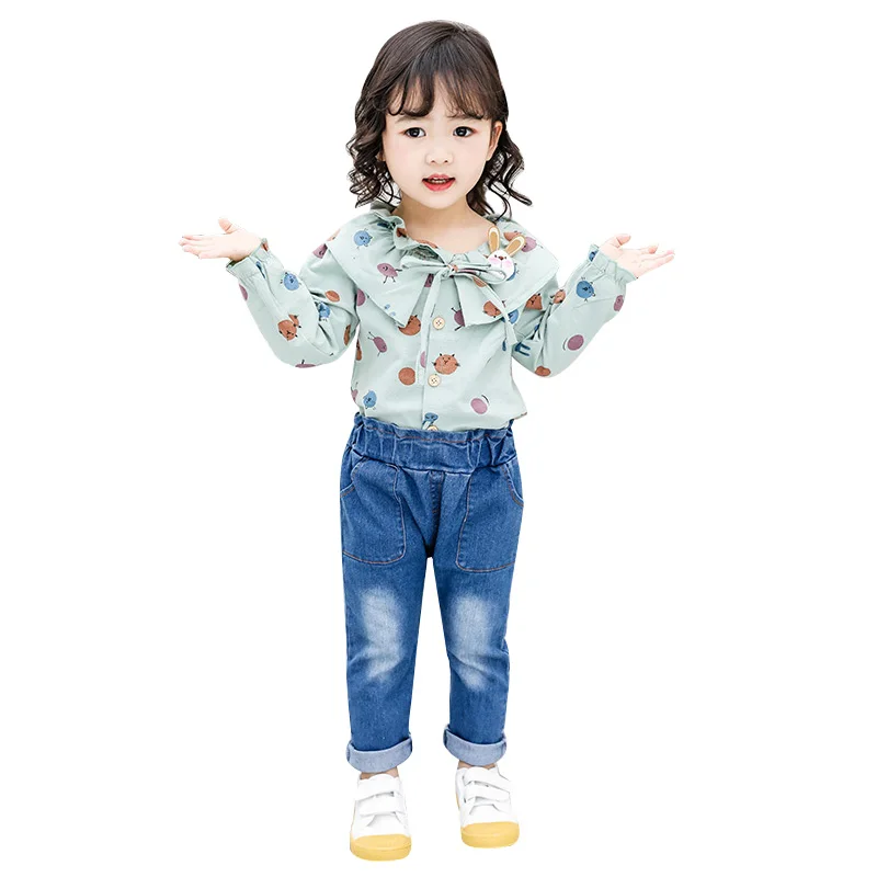 Autumn Children Baby Girls Casual Long Sleeve Floral Print Blouse Tops+Denim Pants Trouser Costume Set For Brazil VIP - Цвет: G