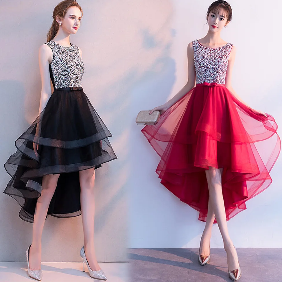 

Black And White with Pattern Evening Dress Women's 2019 New Style Autumn & Winter Banquet Nobility Elegant Front Short Long Back