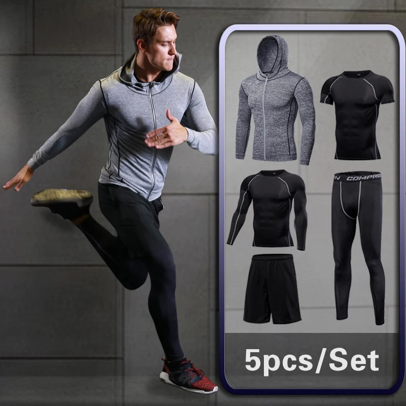Мужской спортивный костюм для бега компрессионный комплект для фитнеса, одежда для бега, спортивные наборы, упражнения тренировка облегающий спортивный костюм, сухая посадка, ММА, черный