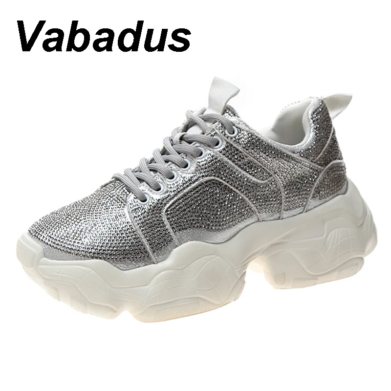 Vabadus/женские кроссовки со стразами на толстой подошве; удобные танкетки на платформе; Серебристые туфли на плоской подошве; женская обувь; yd445