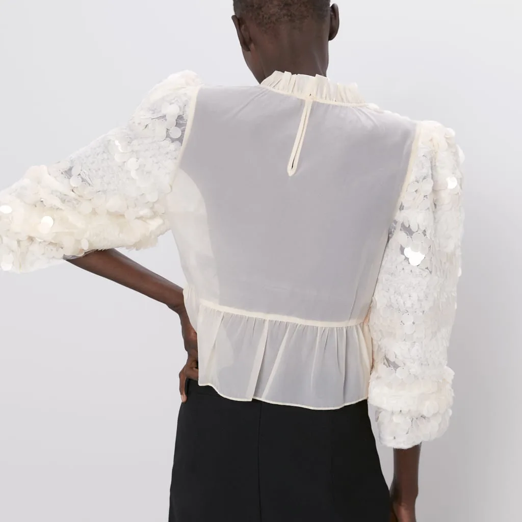 ZA новая ламинированная декоративная вышитая бисером модная осенне-зимняя тонкая сексуальная сетчатая женская рубашка
