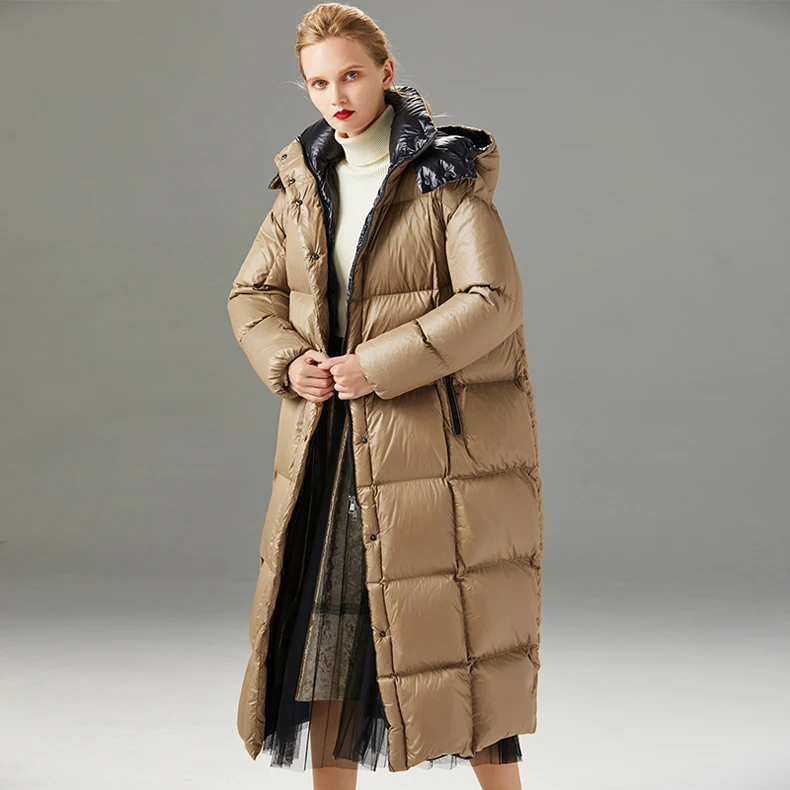 Высококачественные женские зимние пуховые пальто для подиума с капюшоном и воротником, длинные рукава, белый утиный пух, толстые теплые парки, Дизайнерская верхняя одежда