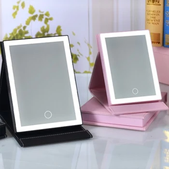 

LED Touch Screen Folding Makeup Mirror With Light Portable PU Leather Table Desktop Lighted Foldable Rectangle Cosmetic Mirror