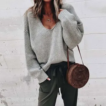 

2019 Autumn V Neck Sweater Pullover Women Knitted Sweater Ladies Loose Sweater Female Long Sleeve Sweater For Women Black