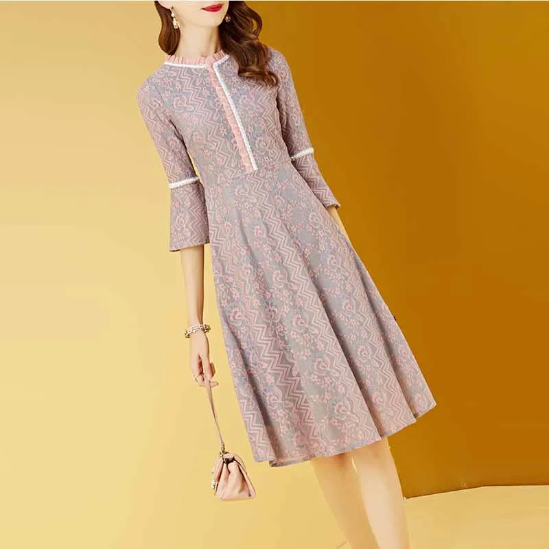 

WOMEN'S Dress Bell Sleeve Retro Lace Dress Waist Hugging over-the-Knee A- line Skirt Sub-Medium-length Dress Autumn 2019