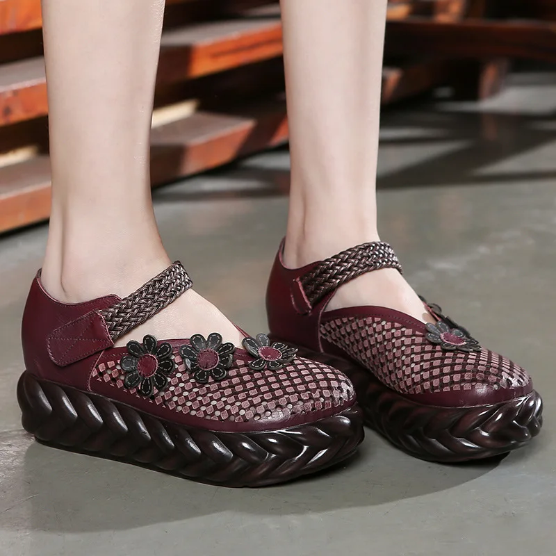 

Pinfeiliren Genuine Leather Retro National Wind Women's Chinese-style Cowhide Mesh Breathable WOMEN'S Shoes Slanted Heel Platfor
