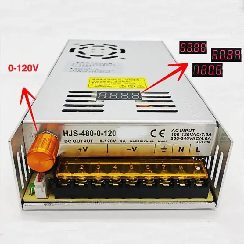 480W 4A 0-120V Регулируемый импульсный источник питания HJS-480-0-120 постоянного напряжения Регулируемый SMPS с цифровым дисплеем 110/220VAC