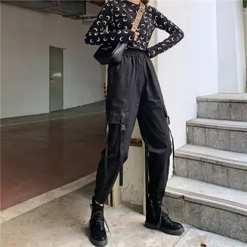 

2019 INS Korean Buckle Ribbons Pockets Joggers Cargo Harem Pants Streetwear Women Autumn Hip Hop Casual Sweatpants Female Pants