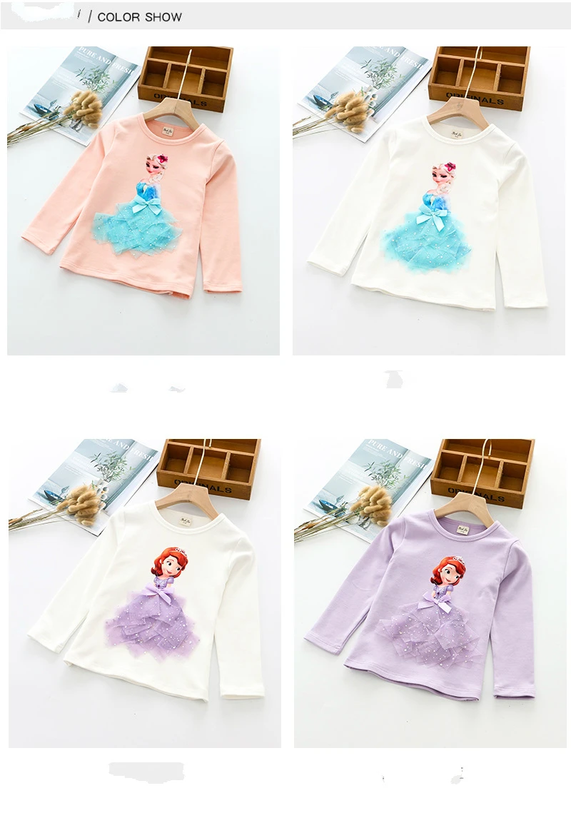 Fashion Long Sleeve T Shirt Cartoon 3D Lace Princess Shirts Elsa/sofia T Shirts Children Outfits Tops Basic Clothing