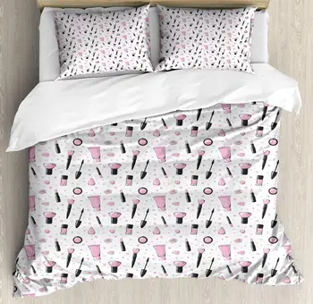 

Blue and Pink Duvet Cover Set Feminine Pattern with Makeup Supplies Brush Lipstick Decorative 3 Piece Bedding Set with 2 Pillow