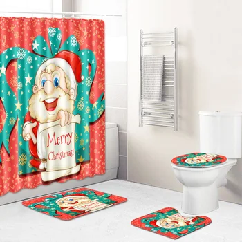 

Christmas Shower Curtain Mat Combination Four-Piece Set Bathroom Toilet Carpet Shower Room Mat Mat Cross-Border Hair