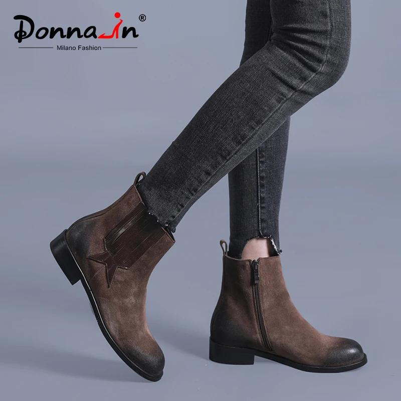 

Donna-in Natural Cow Suede Winter Ankle Boots Women Low Heels Round Toe Retro Zipper Womens Winter Shoes 2020 New Fashion Botas