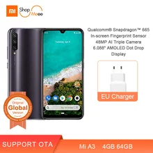 Глобальная версия Xiaomi Mi A3, 4 Гб ОЗУ, 64 Гб ПЗУ, Смартфон Snapdragon 665, четыре ядра, 6,088 дюйма, 48мп, камера 4030 мАч