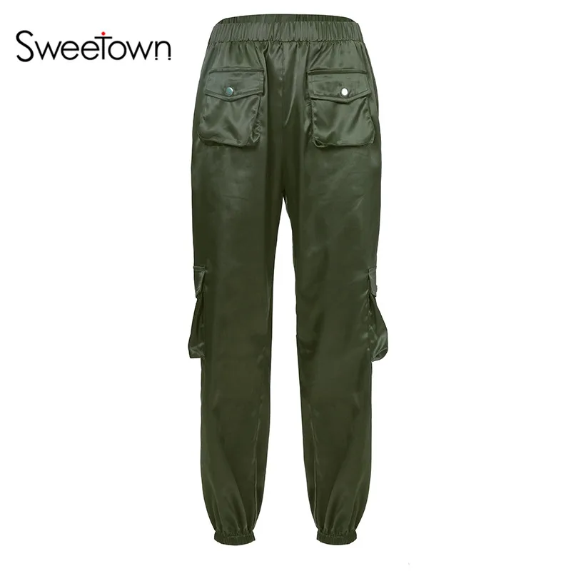 Sweetown, повседневные, уличный стиль, брюки-карго, для женщин, с карманами, эластичные, высокая талия, мешковатые брюки, уличная одежда, для женщин, s, джоггеры, спортивные штаны - Цвет: green