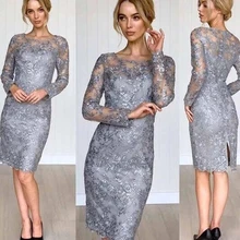 Gray Mother Of The Bride Dresses Sheath Long Sleeves Knee Length Lace Plus Size Short Groom Mother Dresses For Wedding