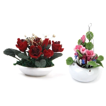 

1 Pcs 1/12 Miniature Plants Gypsophila Flower Ceramic Pot & 1 Pcs 1:12 Miniature Clay Rose Flower with Hanging Pot