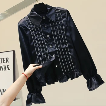 

Fashion Beads Chain Bell Sleeve Shirt Women's Spring Long Sleeve Shirt Black Blouse and Tops Blusas Femininas Elegante Blouses