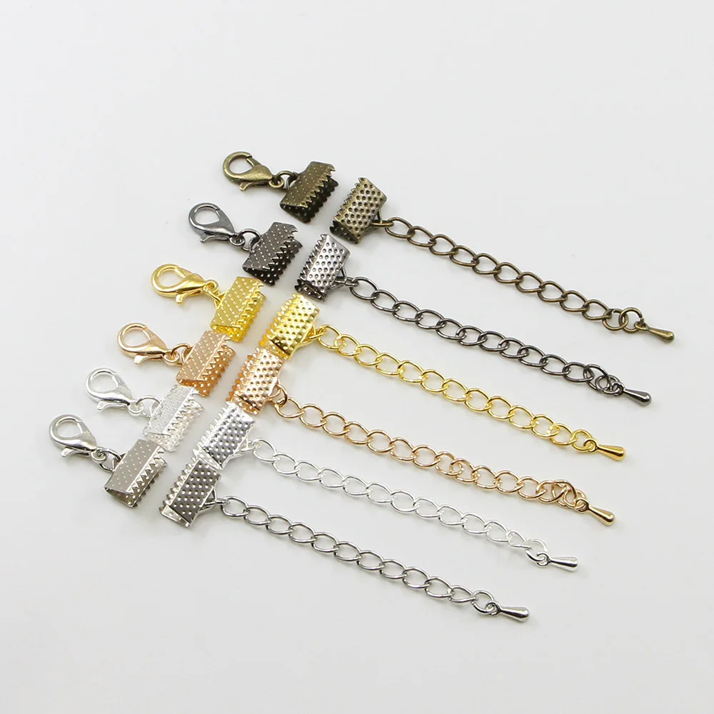

10 sets/lot Crimp End Caps Beads Lobster Clasps Extended Extension Chains Flat Leather Cord End Cap String Ribbon Clip Foldover