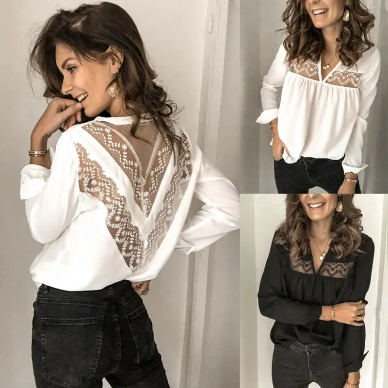Vestidos Женская Повседневная блуза с длинным рукавом и v-образным вырезом свободная
