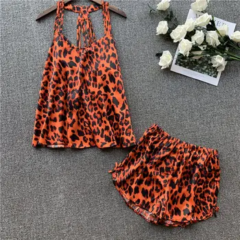 

Sexy Summer Pajamas Sleepwear Womens Nightwear Red Leopard Print Satin Cami Top Shorts Pajama Sets