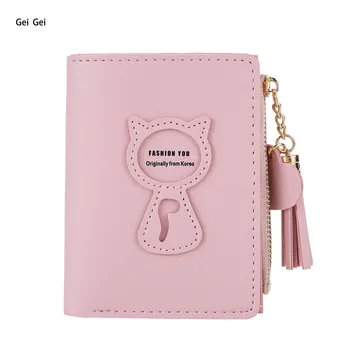 

Women new fashion short cartoon cute wallet PU leather letters tassel kitten coin purse card holder girlfriend birthday gift