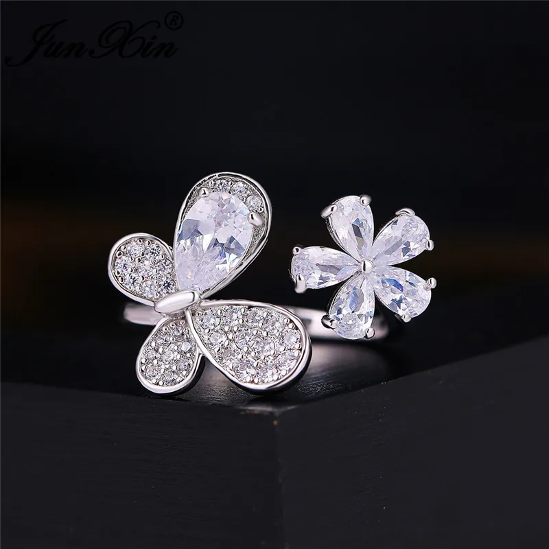 Unique Butterfly Flower Ring Silver Open Water Drop Zircon White Austrian Crystal Wedding Engagement Rings For Women Jewelry
