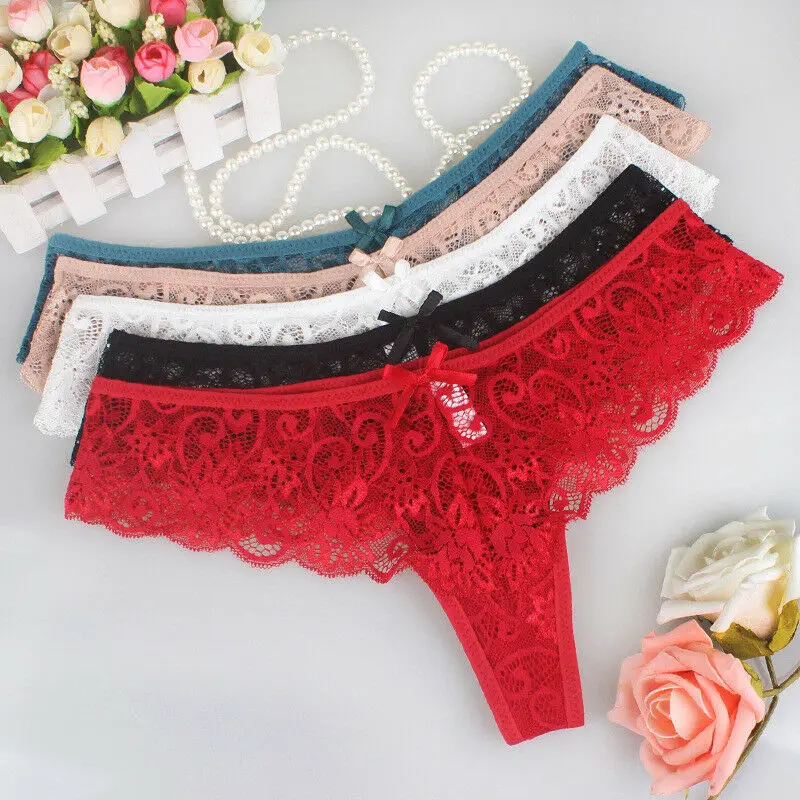 Newly Sexy Ladies Lace V-String Briefs Lace Bow Panties G-string Lingerie Underwear Low-Rise Black White Red