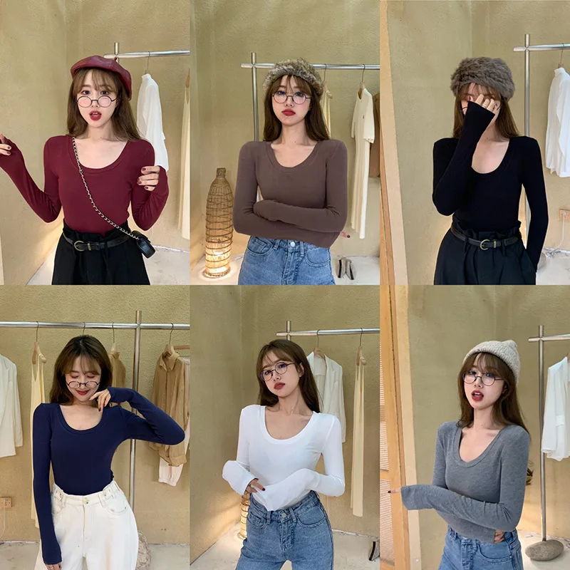 

Long Sleeve U Collar Sexy Underwear Base Shirt T-shirt Women's New Style 2019 Autumn And Winter Solid Color Slim Fit Slimming To