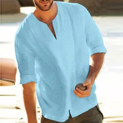 Camisas masculinas de linho manga curta verão camisas sólidas baggy algodão mistura cor sólida três quartos v pescoço t camisas tops blusas