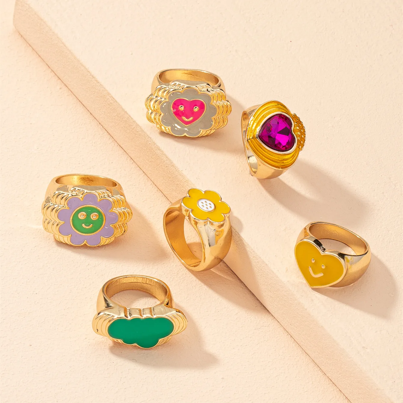 Anillo de sonrisa esmaltado para mujer, anillo grueso de lujo, joyería de la suerte, corazón, nubes, regalo de primavera