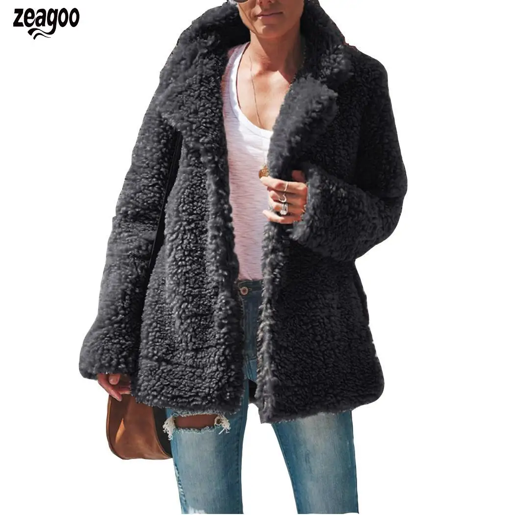 Женское зимнее плюшевое пальто с отворотом, однотонное, с отложным воротником, модная, цветная, тонкая, повседневная куртка с длинными рукавами