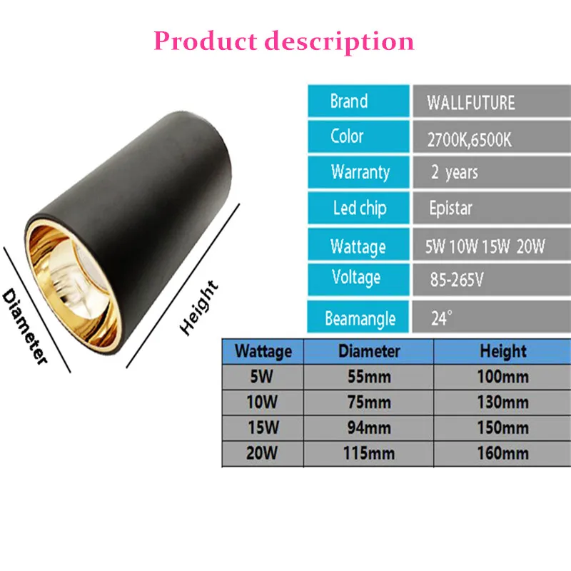 Поверхностный монтаж цилиндрический отражатель чашка светодиодный COB вниз светильник 5 Вт 10 Вт 15 Вт 20 Вт светодиодный потолочный светильник Точечный светильник светодиодный светильник