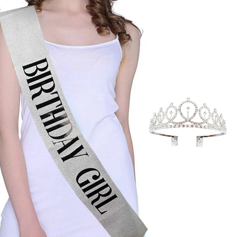 Gold Silver Glitter Birthday Sash Rhinestone Tiara 18th Crystal Crown Birthday Queen Satin Ribbon Sash For Birthday Party Decor