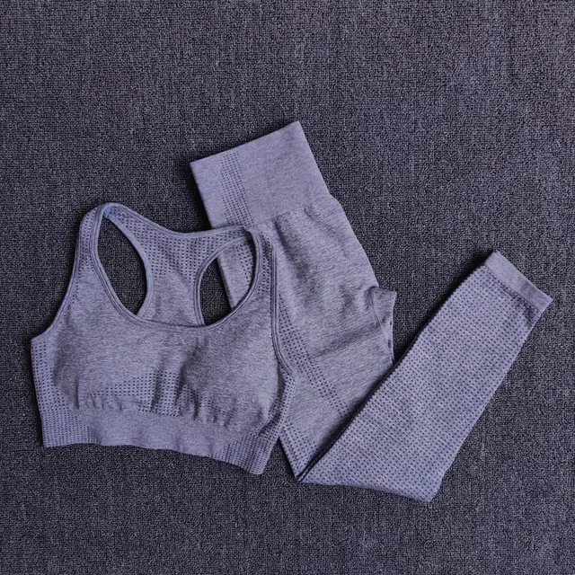 2/3/5PCS Seamless Women Yoga Set Workout Sportswear Gym Clothing Fitness Long Sleeve Crop Top High Waist Leggings Sports Suits BraPantsGray