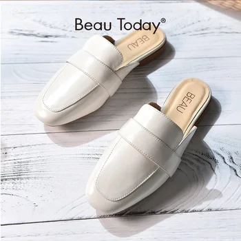 

BeauToday Penny Mules Women Genuine Cow Leather Round Toe Brand Slip On Ladies Flat Shoes Handmade36084