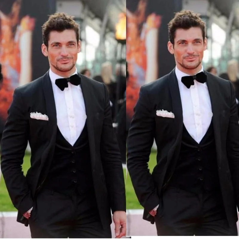 58Slim Fit Black Groom Tuxedos Shawl Lapel Groomsman Wedding Tuxedos Fashion Men Prom Jacket Blazer 3Piece Suit(Jacket+Pants+Tie+Vest