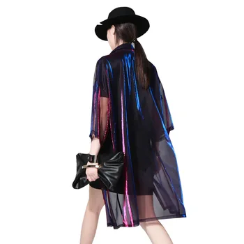 

Colorful Loose Long Shirt Women Sun-proof Sunscreen Blouse Coat See Through Shirts Female Reflective Clothing Tops