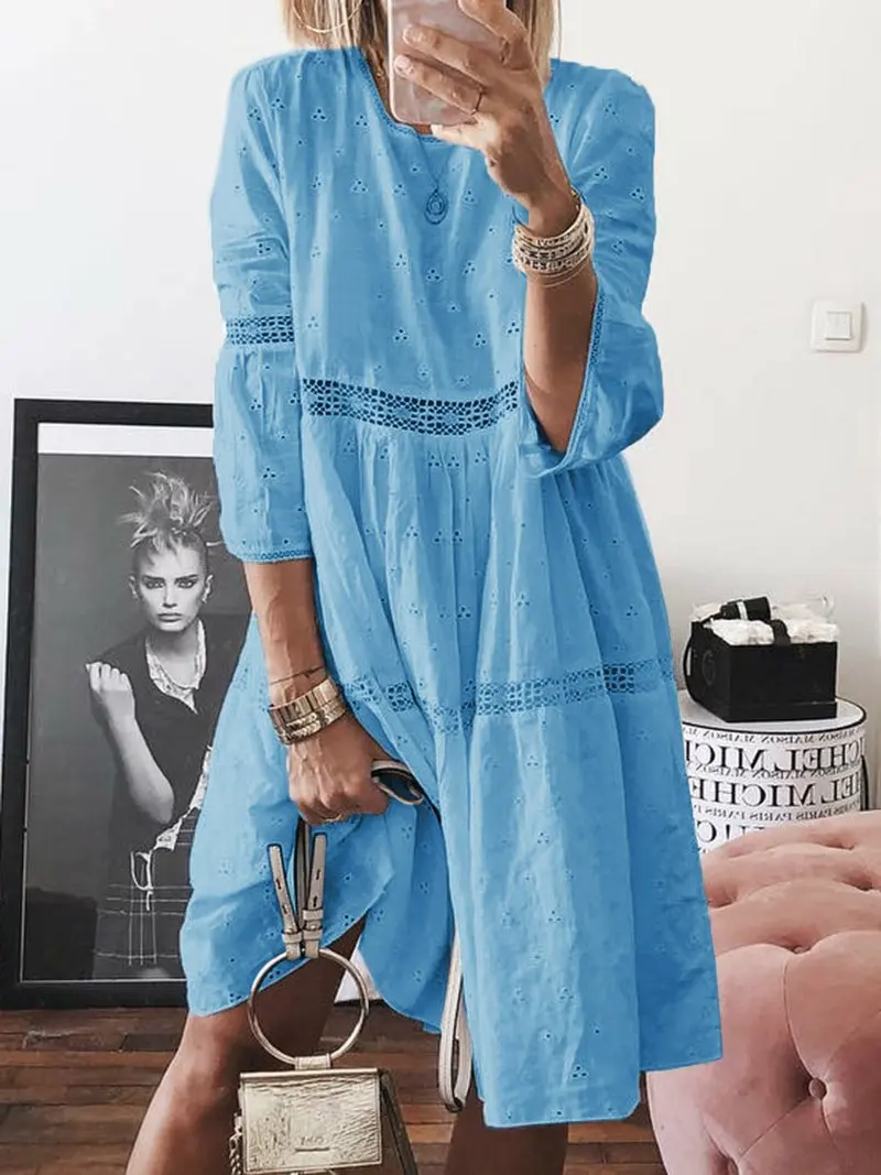 

Lace stitching, hollow embroidery, seven-sleeve dress, large size dress