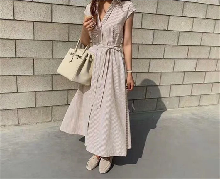 Colorfaith New 2020 Women Summer Shirt Dress Solid Multi Colors Casual Sleeveless Striped Oversize Lace Up Long Dress DR1970