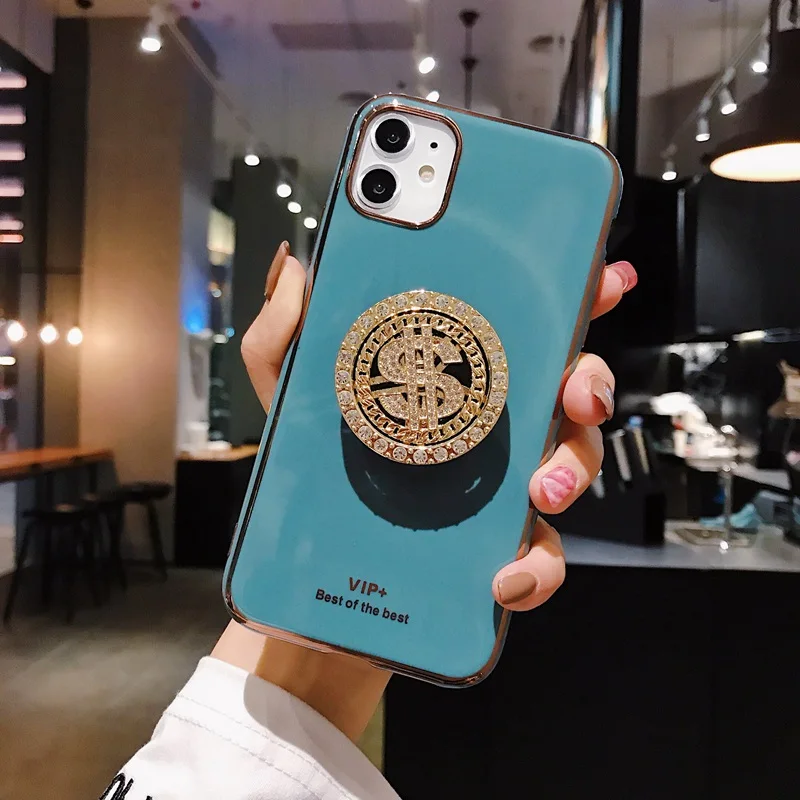 case for iPhone 11 Pro X XS Max XR 6D Gold Plated USD Turntable Stand Phone Case capa 8 7 6 6s Plus TPU soft back cover Funder