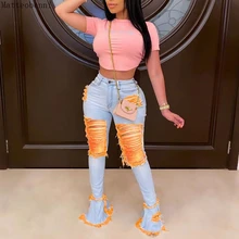 

New Sexy Ripped Jeans For Women High Waist Jeans Vintage Flare Jeans With Holes Patchwork Bell Bottom Jean Denim Pants Trousers