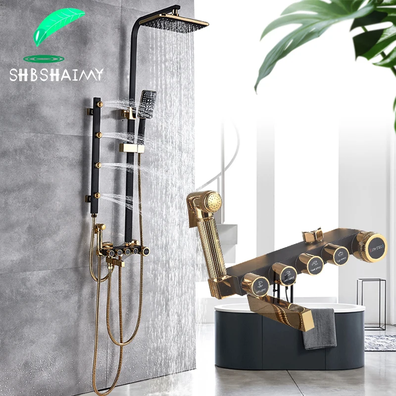 

Black Golden Bathroom Shower Faucet Set Rainfall Multifunctional Shower Faucets Massage Jet and Bidet Sprayer Hot Cold Mixer Tap