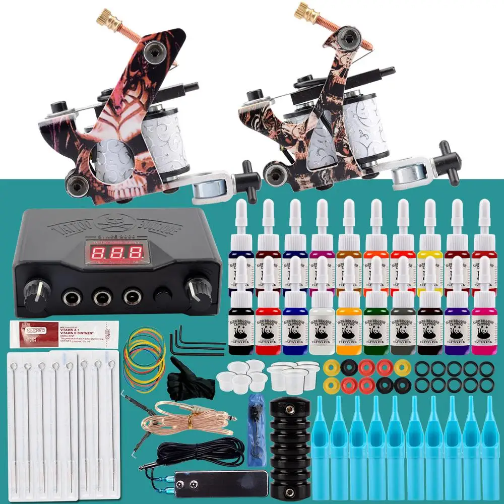 Billige Professionelle Tattoo Kit 2 Tattoo Maschine Guns Set Tinten Set LCD Power Supply Tattoo Werkzeuge Permanent Körper Kunst Komplette Tattoo set