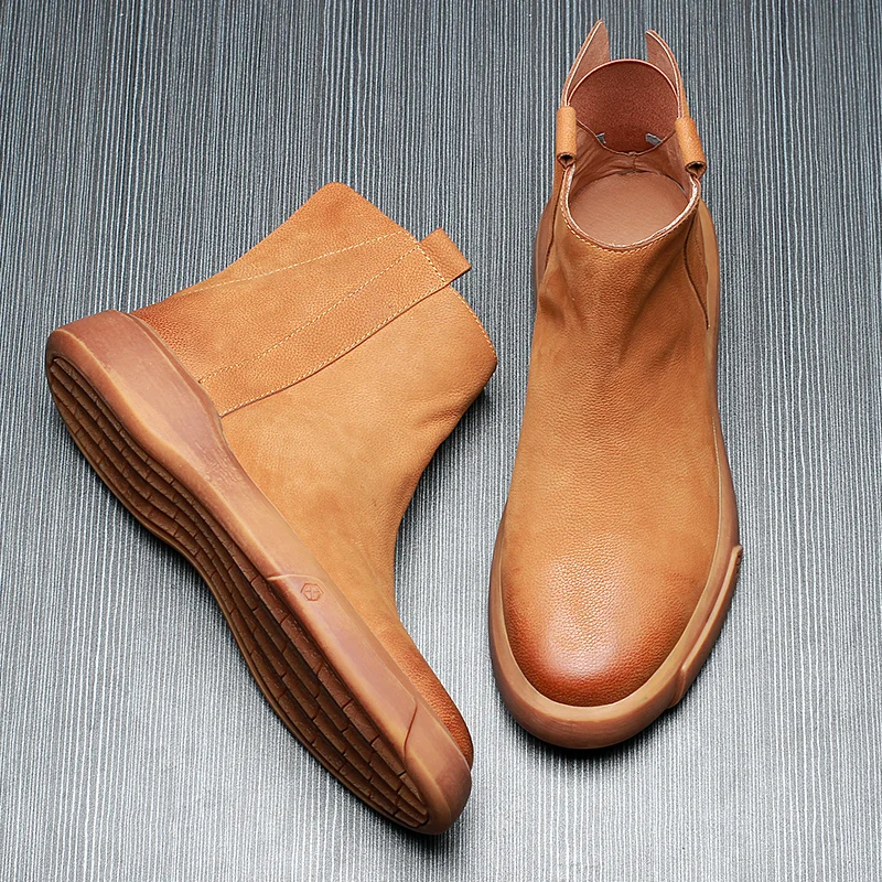 Big Size Plus Velvet British High Top Thick Bottom Genuine Leather Chelsea Boots Mens Autumn Winter Military Boots Round Cowhide