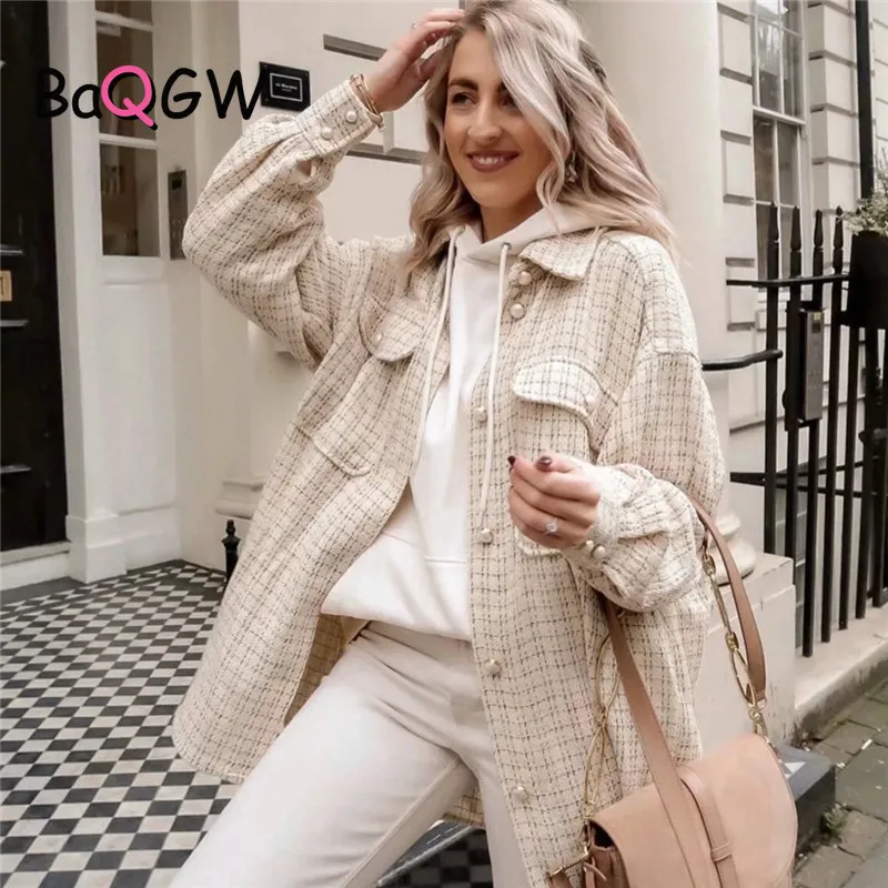 

BaQGW Sweet Plaid Woolen Shirt Jackets Women Fashion Pearl Button VintageTurn-down Collar Jacket Girls Chic Coat Autum Winter