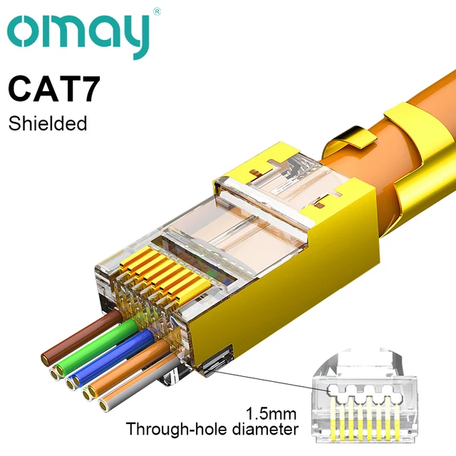 OMAY CAT6/7 CAT5 Pass Through RJ45 Modular Plug Network Connectors UTP 3/50μ Gold-Plated 8P8C Crimp End for Ethernet Cable CAT7shielded Gold
