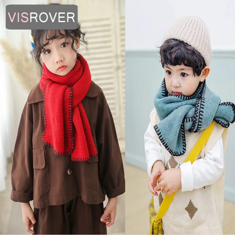

VISROVER new 12 colorways unisex kid knit winter scarf with black stitch girl and boy solid winter scarves baby shawl wholesales