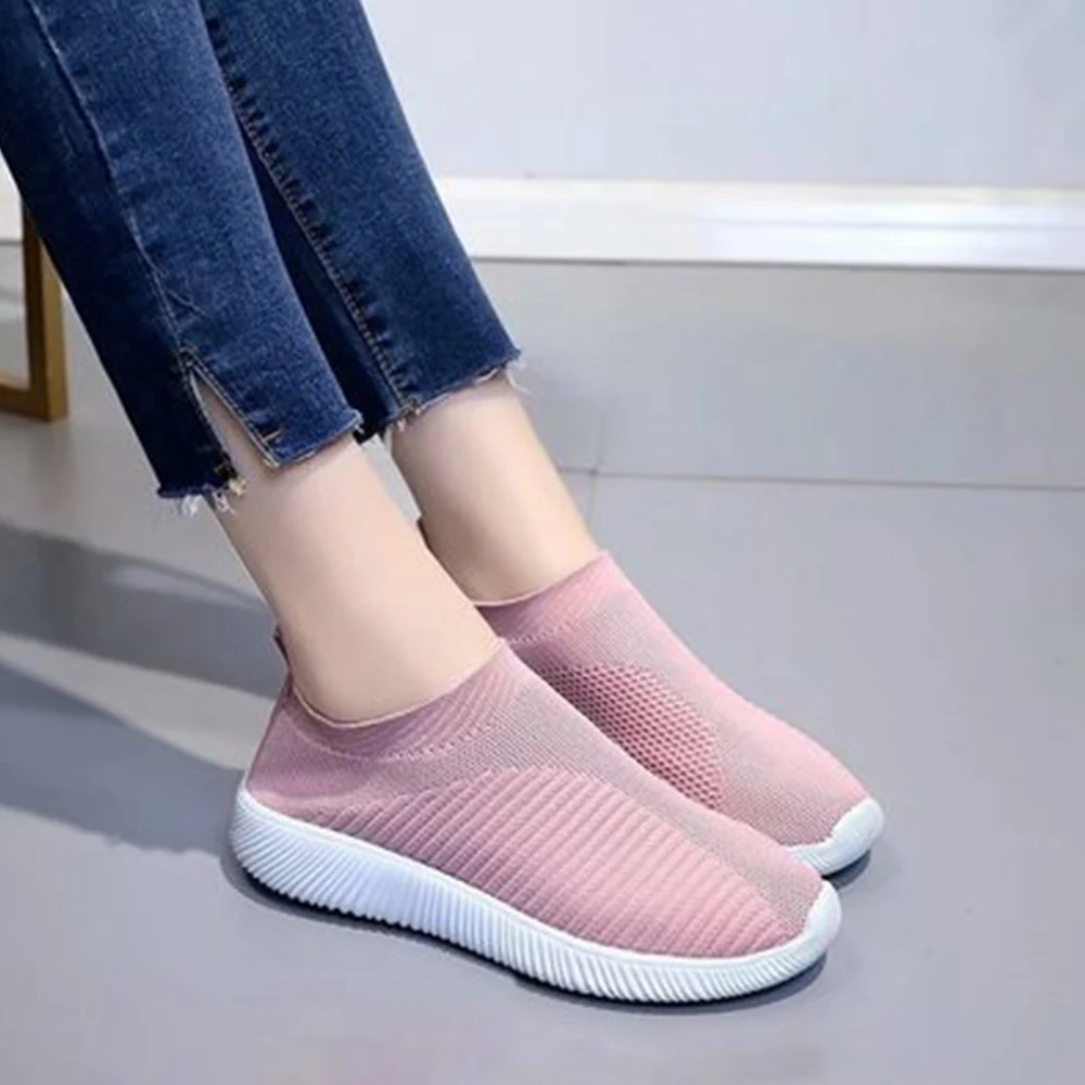 

Women's Vulcanized Shoes Sneakers Flat Knitting Autumn Plus Size Female Mesh Ladies Slip On Breathable Casual shoes Round canvas